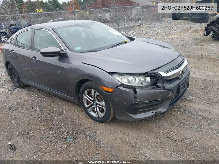 2HGFC2F52JH600257 2018 Honda Civic Lx