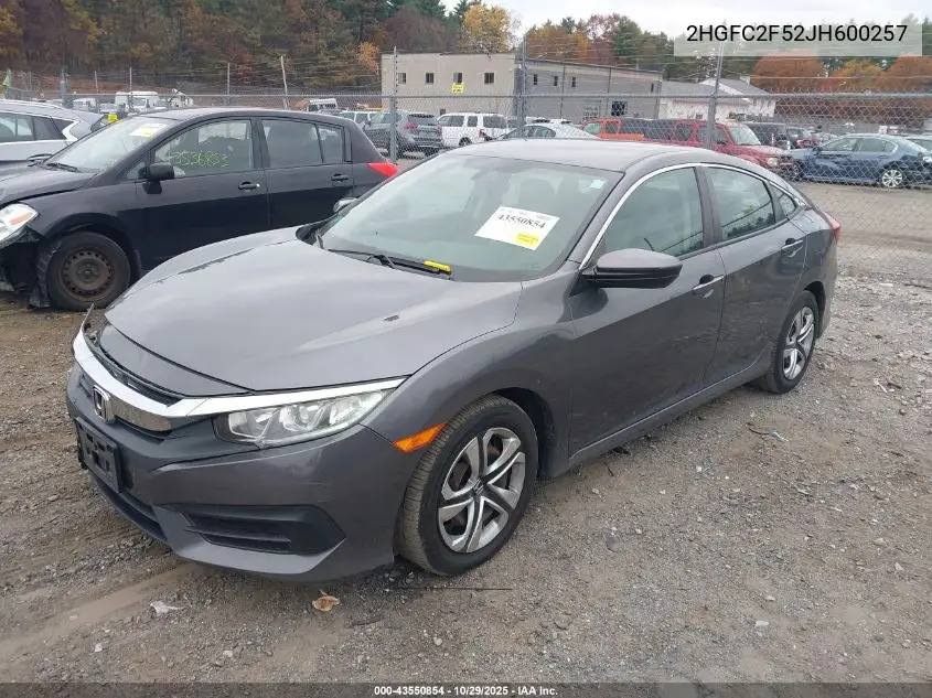 2HGFC2F52JH600257 2018 Honda Civic Lx