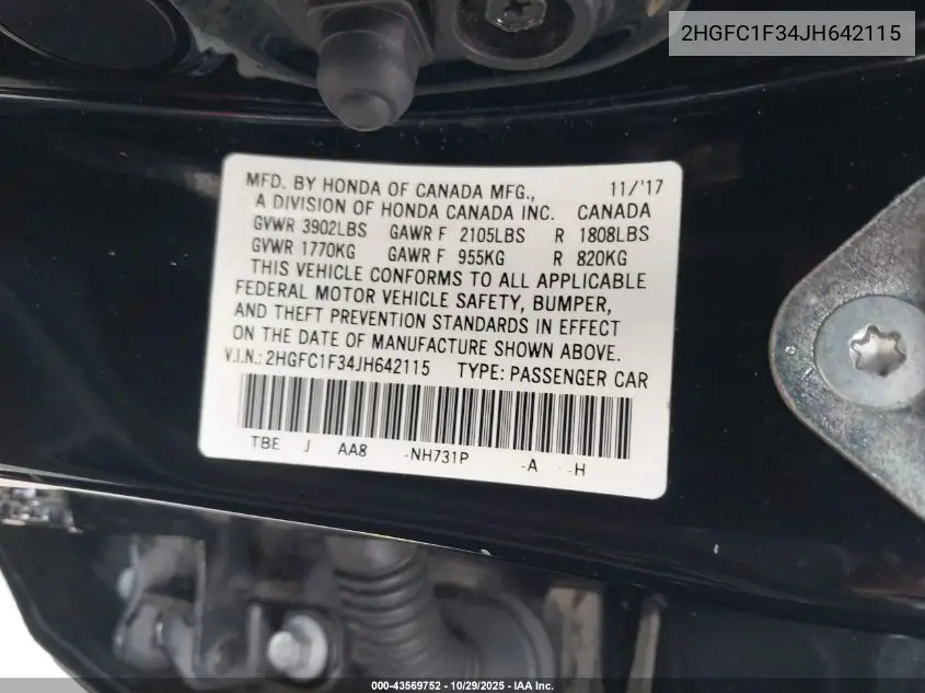 2HGFC1F34JH642115 2018 Honda Civic Ex-T