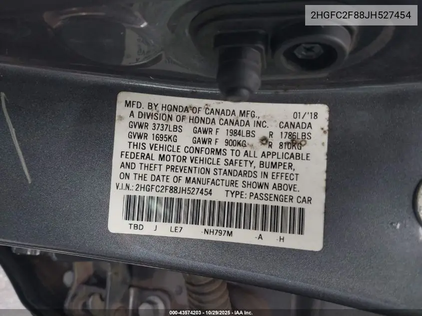 2HGFC2F88JH527454 2018 Honda Civic Ex
