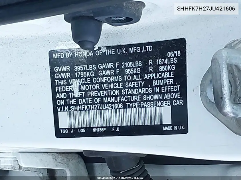 SHHFK7H27JU421606 2018 Honda Civic Lx