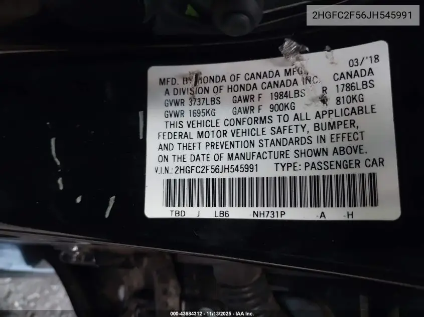 2HGFC2F56JH545991 2018 Honda Civic Lx