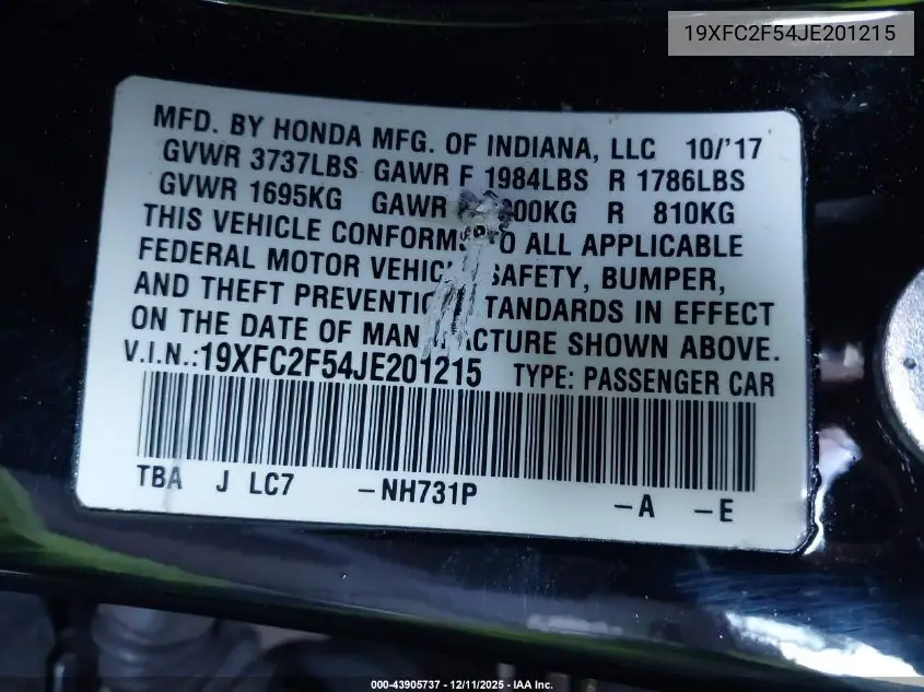 19XFC2F54JE201215 2018 Honda Civic Lx
