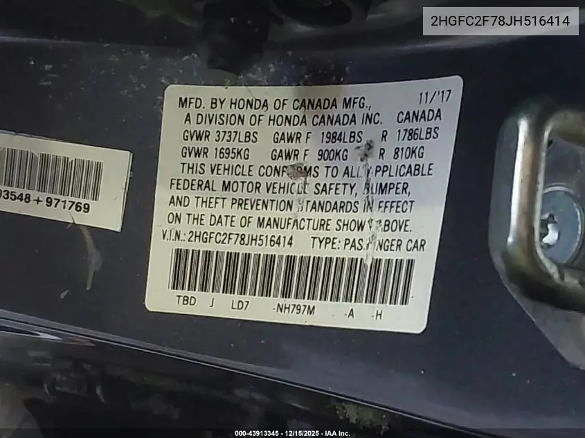 2HGFC2F78JH516414 2018 Honda Civic Ex