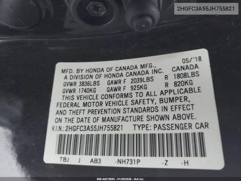 2HGFC3A55JH755821 2018 Honda Civic Si