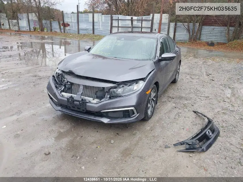 2HGFC2F75KH035635 2019 Honda Civic Ex 4Dr
