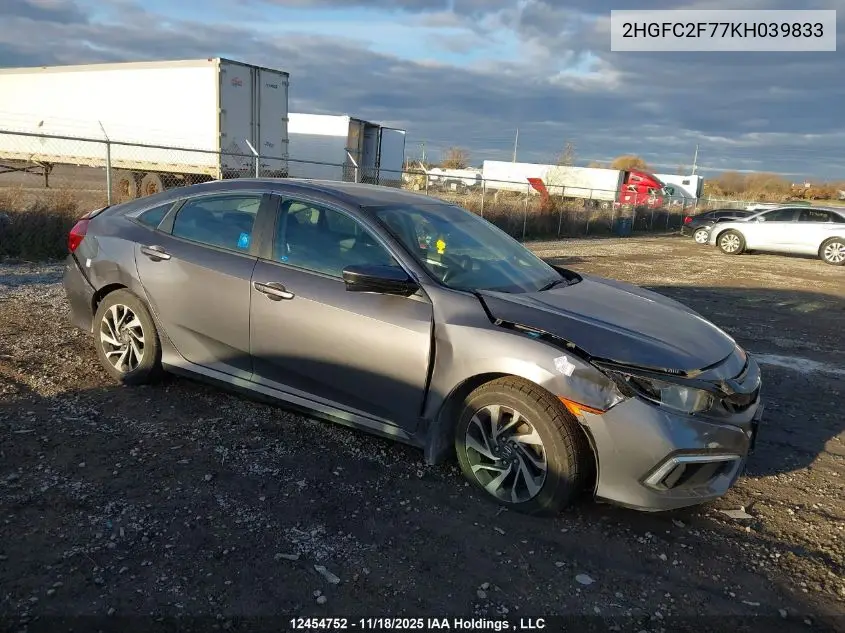 2HGFC2F77KH039833 2019 Honda Civic Ex 4Dr