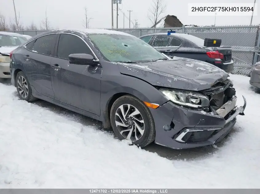 2HGFC2F75KH015594 2019 Honda Civic Ex 4Dr