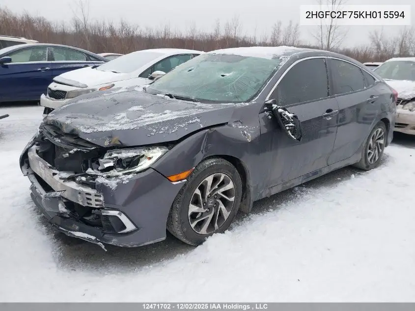2HGFC2F75KH015594 2019 Honda Civic Ex 4Dr