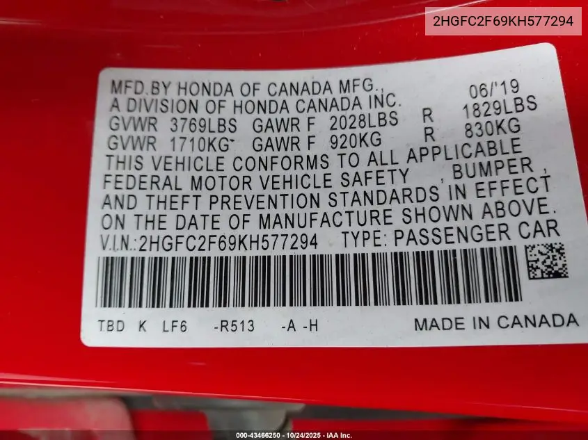 2HGFC2F69KH577294 2019 Honda Civic Lx
