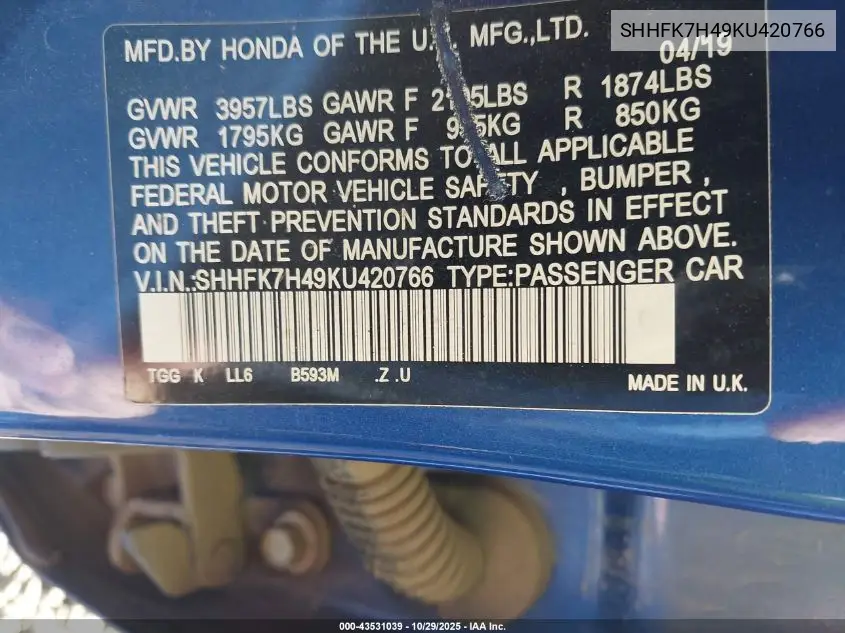 SHHFK7H49KU420766 2019 Honda Civic Sport
