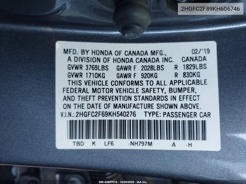2HGFC2F89KH606746 2019 Honda Civic Sport