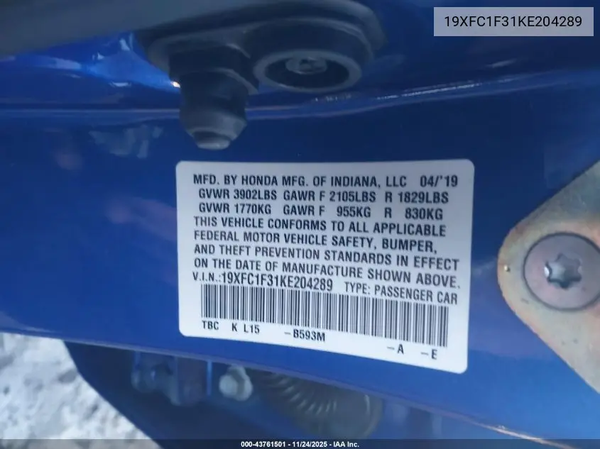 19XFC1F31KE204289 2019 Honda Civic Ex