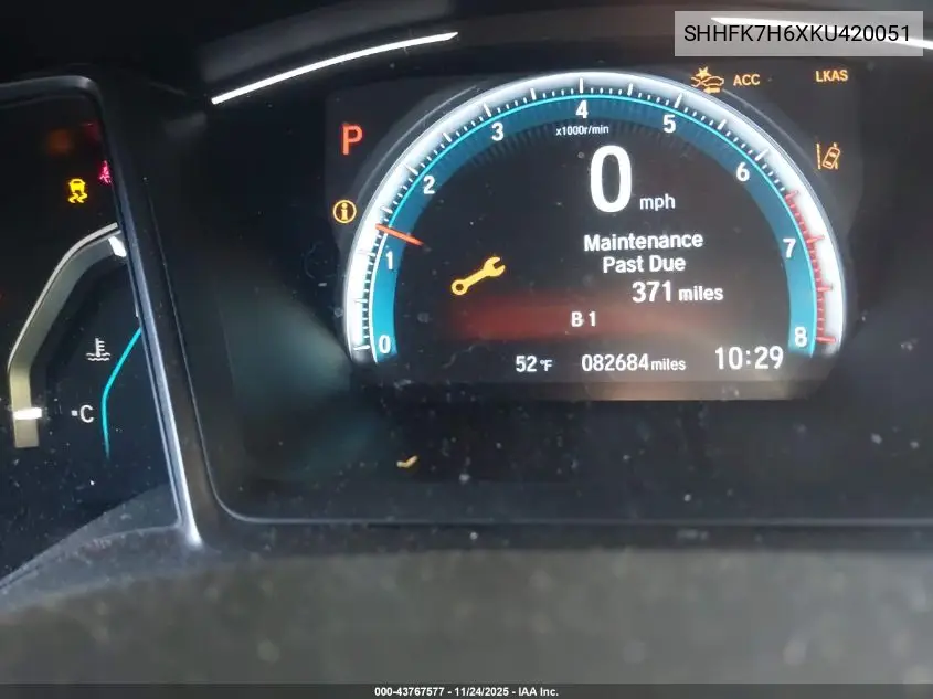 SHHFK7H6XKU420051 2019 Honda Civic Ex