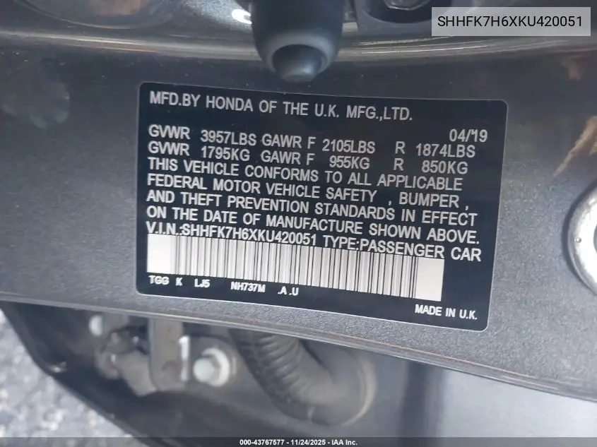 SHHFK7H6XKU420051 2019 Honda Civic Ex