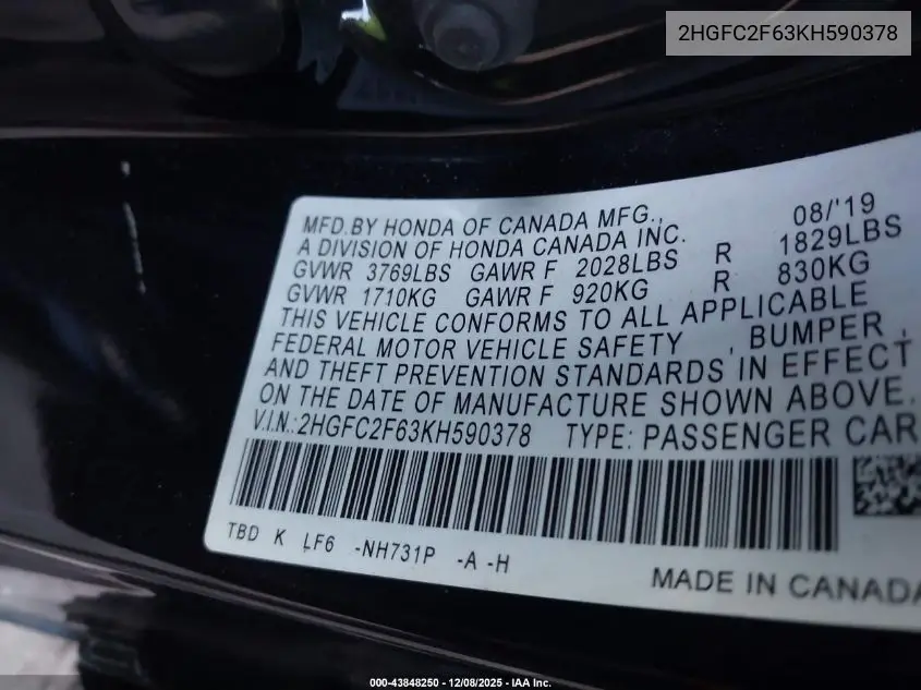 2HGFC2F63KH590378 2019 Honda Civic Lx