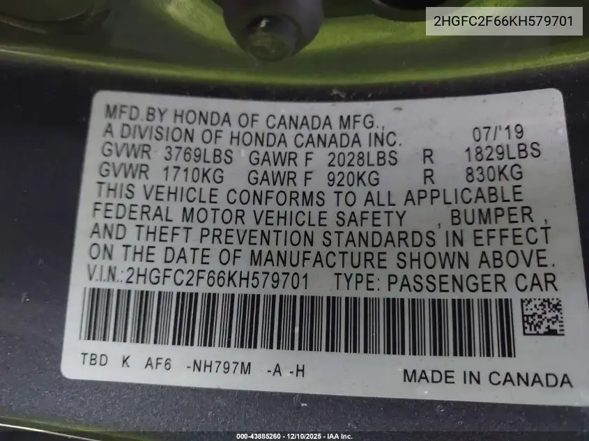 2HGFC2F66KH579701 2019 Honda Civic Lx