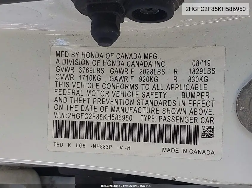 2HGFC2F85KH586950 2019 Honda Civic Sport