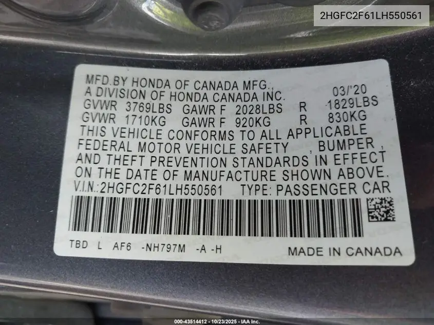 2HGFC2F61LH550561 2020 Honda Civic Lx