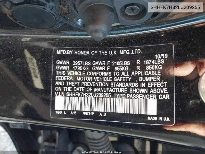 SHHFK7H32LU209255 2020 Honda Civic Lx