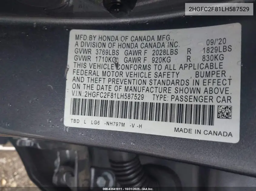 2HGFC2F81LH587529 2020 Honda Civic Sport