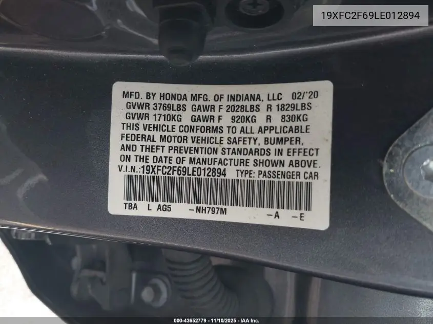 19XFC2F69LE012894 2020 Honda Civic Lx