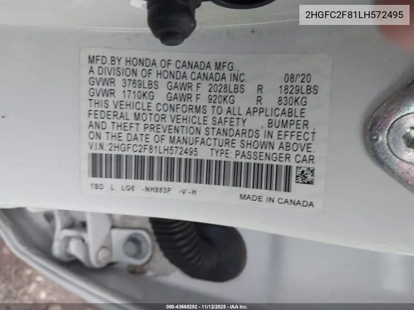2HGFC2F81LH572495 2020 Honda Civic Sport