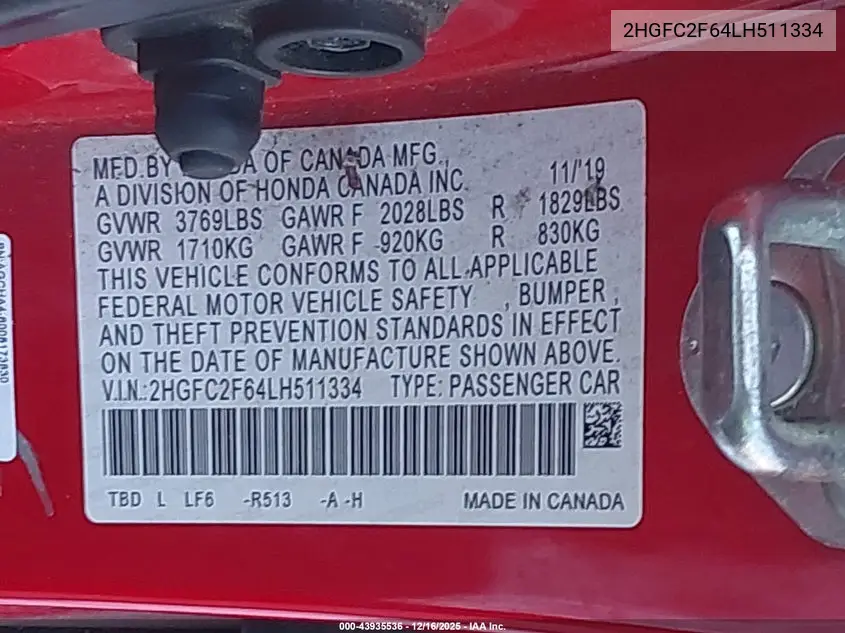 2HGFC2F64LH511334 2020 Honda Civic Lx