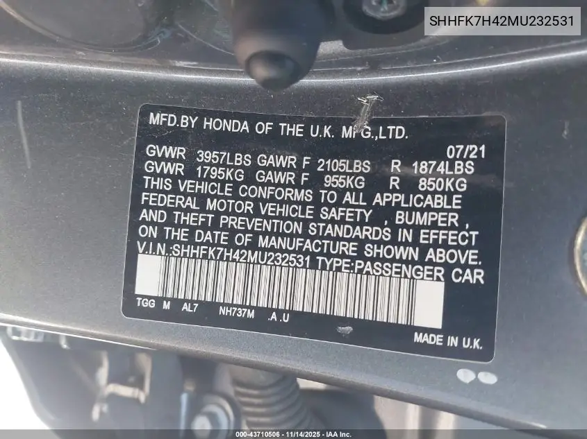 SHHFK7H42MU232531 2021 Honda Civic Sport