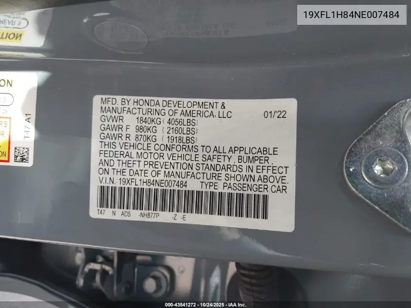 19XFL1H84NE007484 2022 Honda Civic Sport Touring