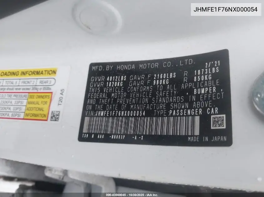 JHMFE1F76NX000054 2022 Honda Civic Ex