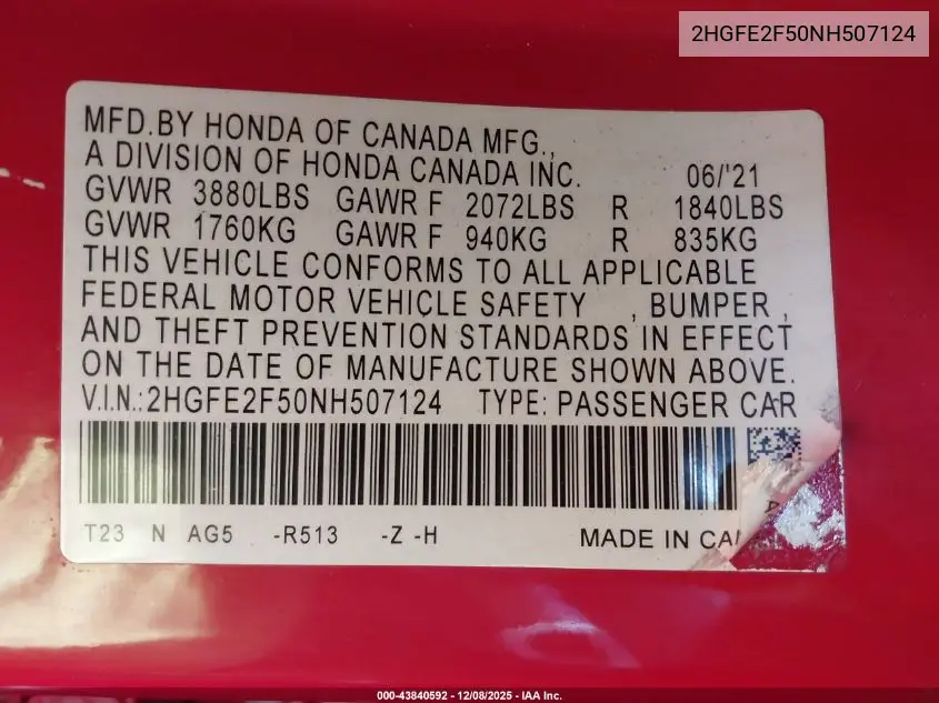2HGFE2F50NH507124 2022 Honda Civic Sport