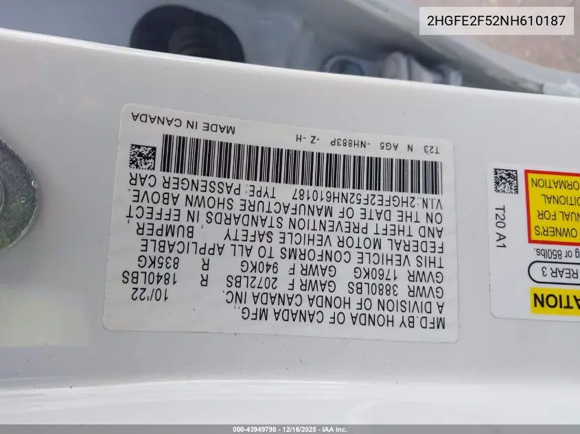 2HGFE2F52NH610187 2022 Honda Civic Sport