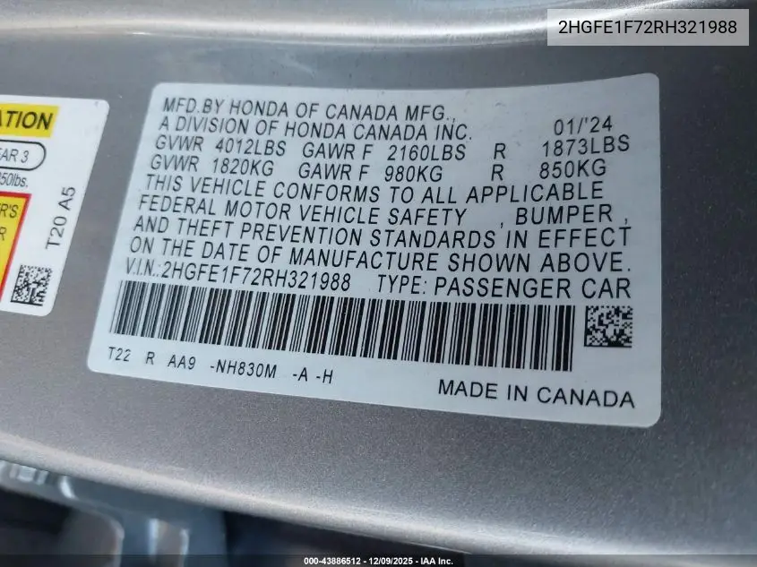 2HGFE1F72RH321988 2024 Honda Civic Ex