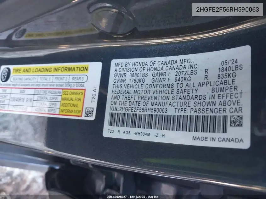 2HGFE2F56RH590063 2024 Honda Civic Sport