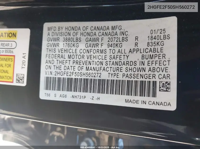 2HGFE2F50SH560272 2025 Honda Civic Sport