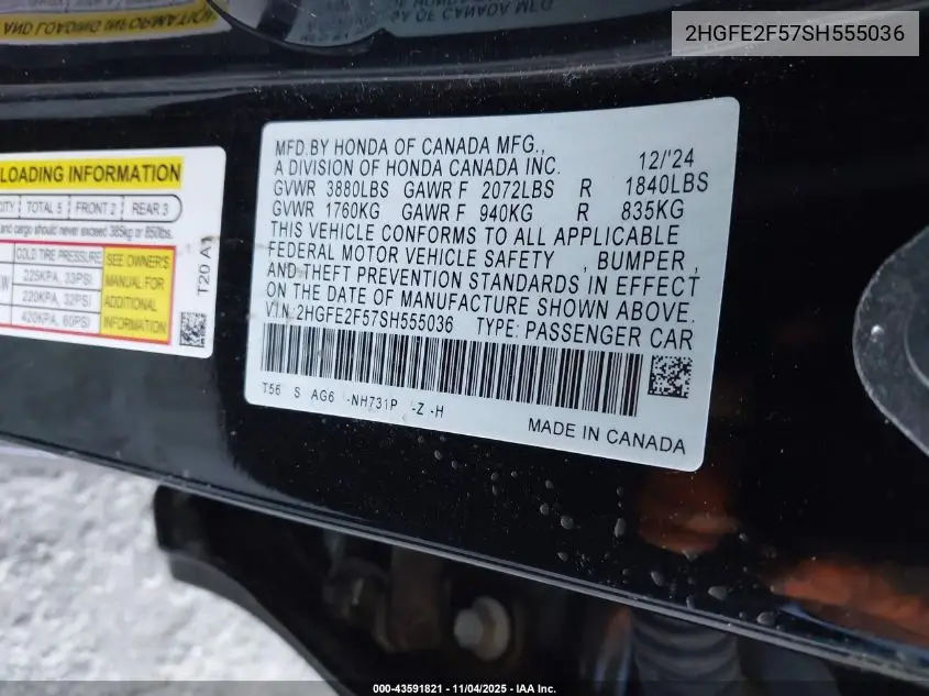 2HGFE2F57SH555036 2025 Honda Civic Sport