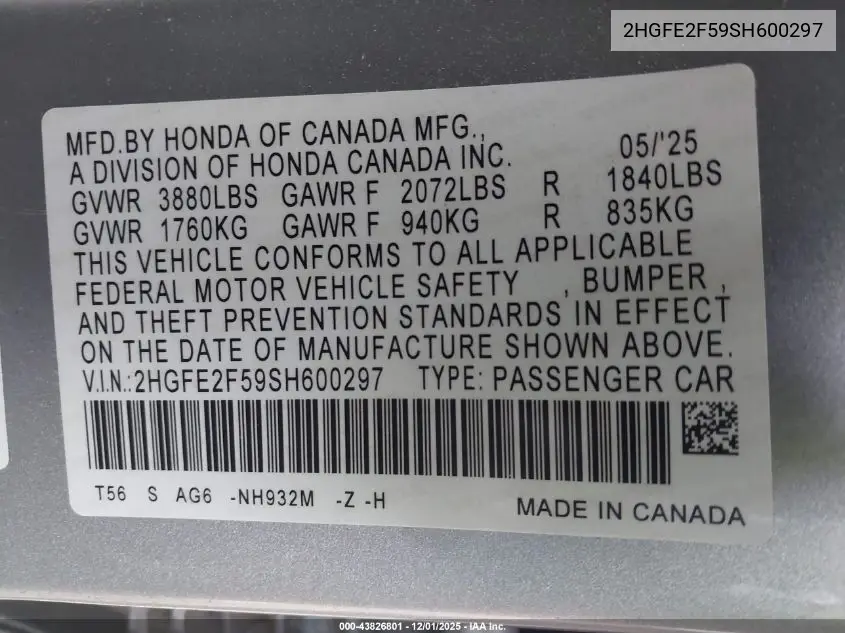 2HGFE2F59SH600297 2025 Honda Civic Sport