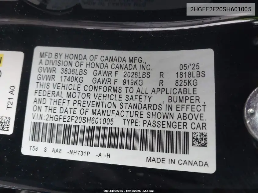 2HGFE2F20SH601005 2025 Honda Civic Lx