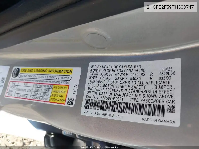 2HGFE2F59TH503747 2026 Honda Civic Sport