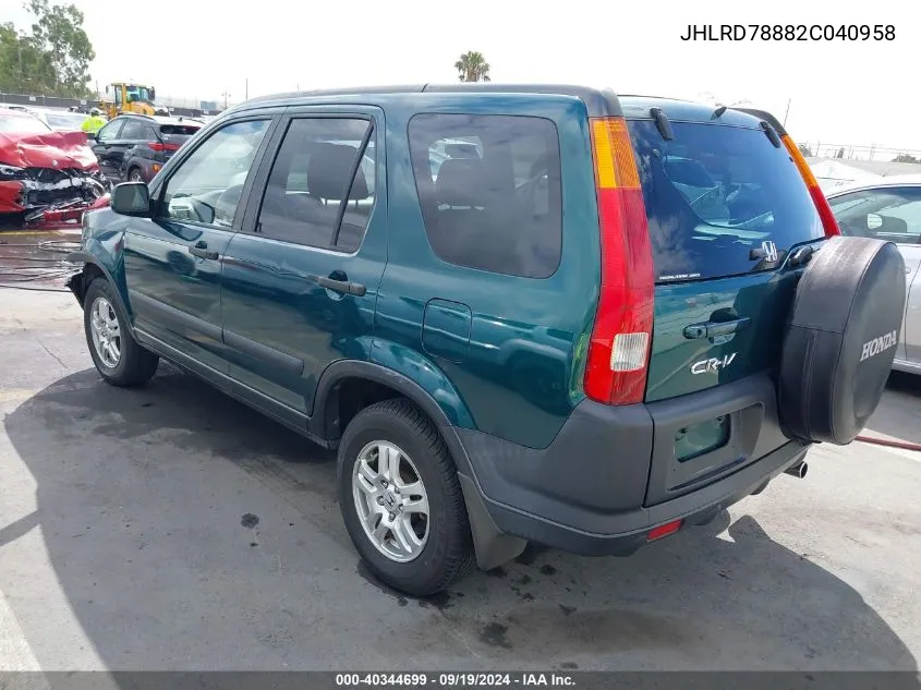 2002 Honda Cr-V Ex VIN: JHLRD78882C040958 Lot: 40344699