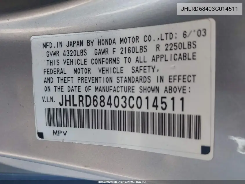 JHLRD68403C014511 2003 Honda Cr-V Lx