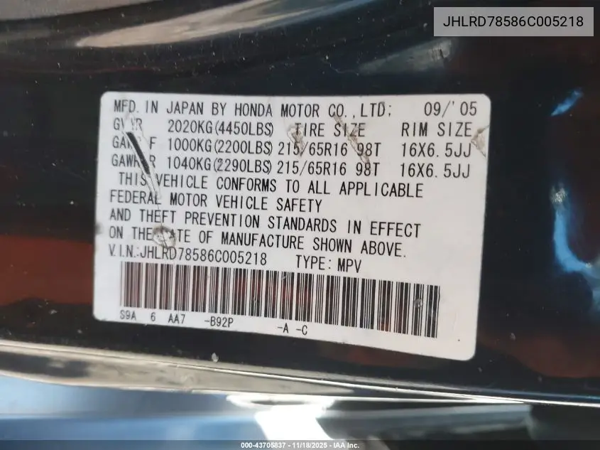 JHLRD78586C005218 2006 Honda Cr-V Lx