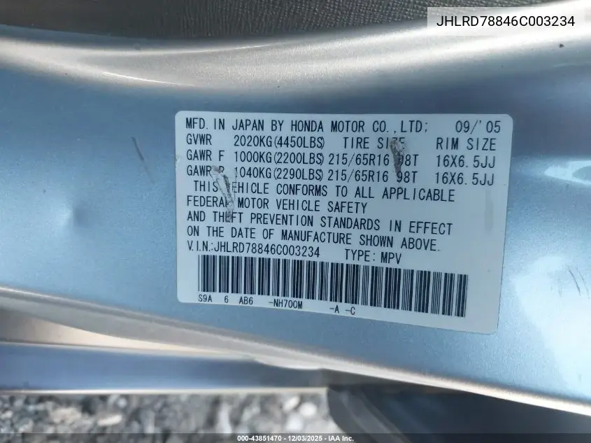 JHLRD78846C003234 2006 Honda Cr-V Ex