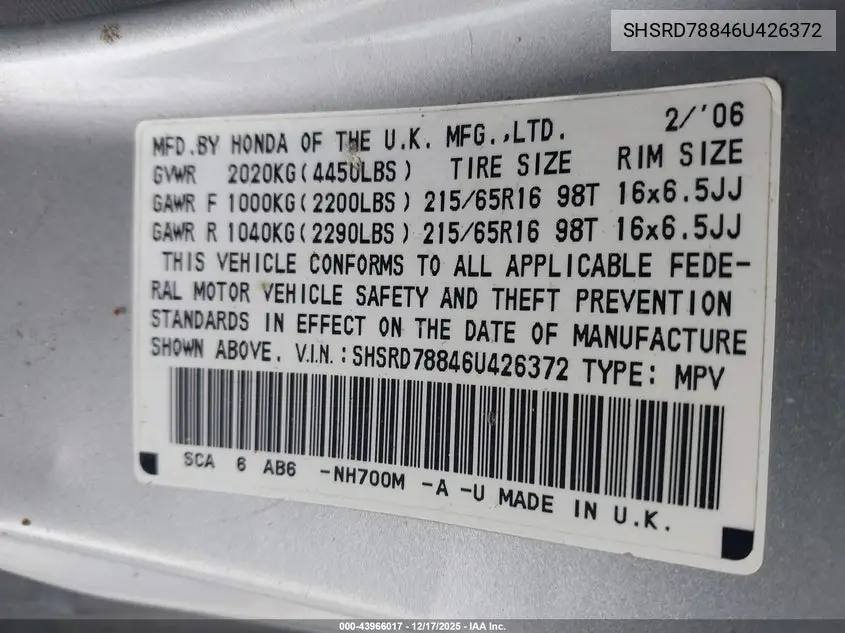 SHSRD78846U426372 2006 Honda Cr-V Ex