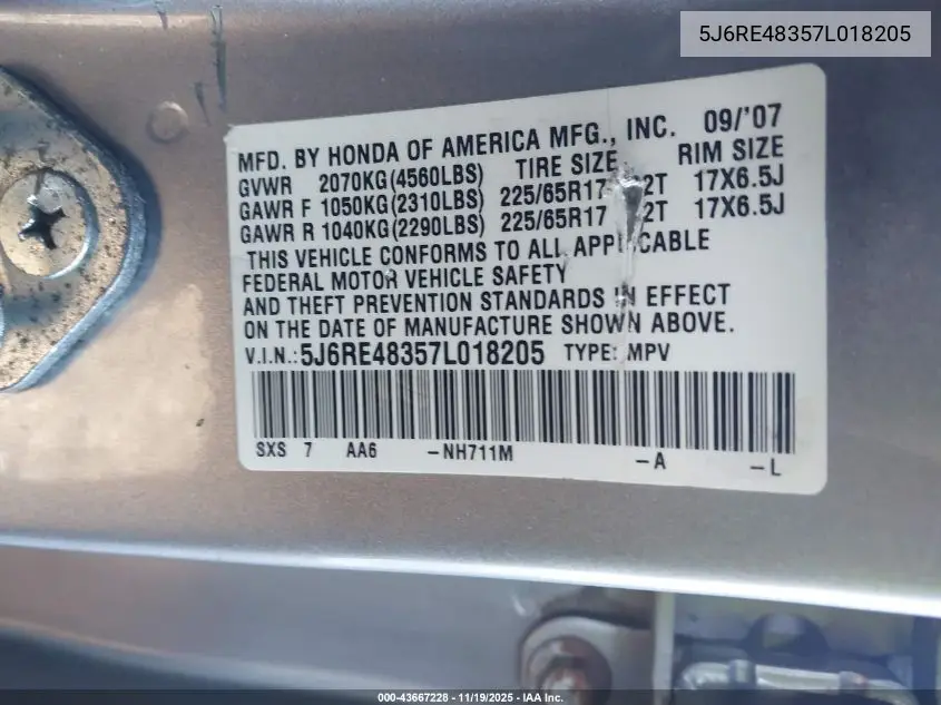 5J6RE48357L018205 2007 Honda Cr-V Lx
