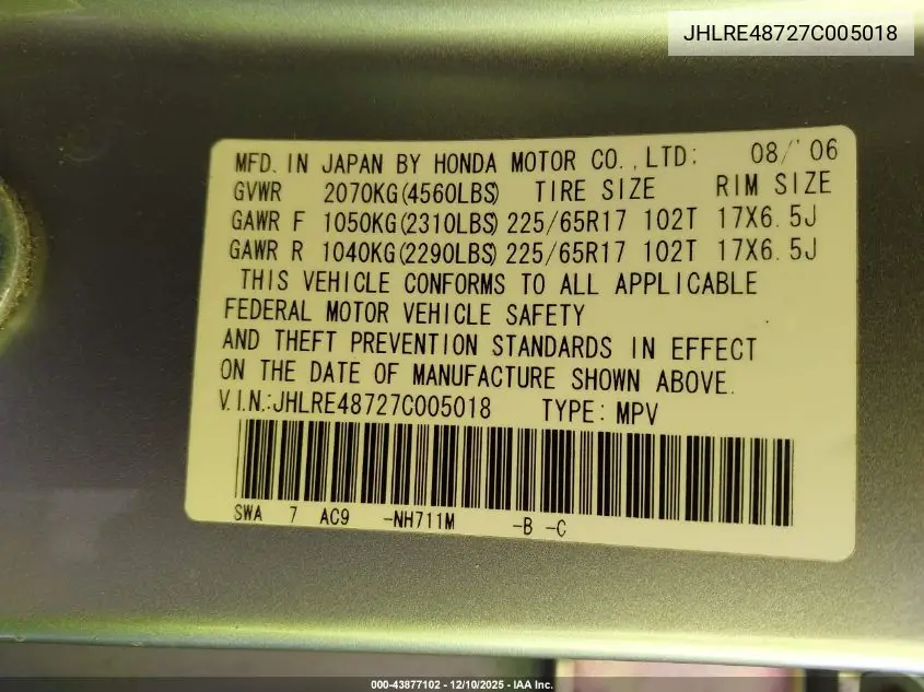 JHLRE48727C005018 2007 Honda Cr-V Ex-L
