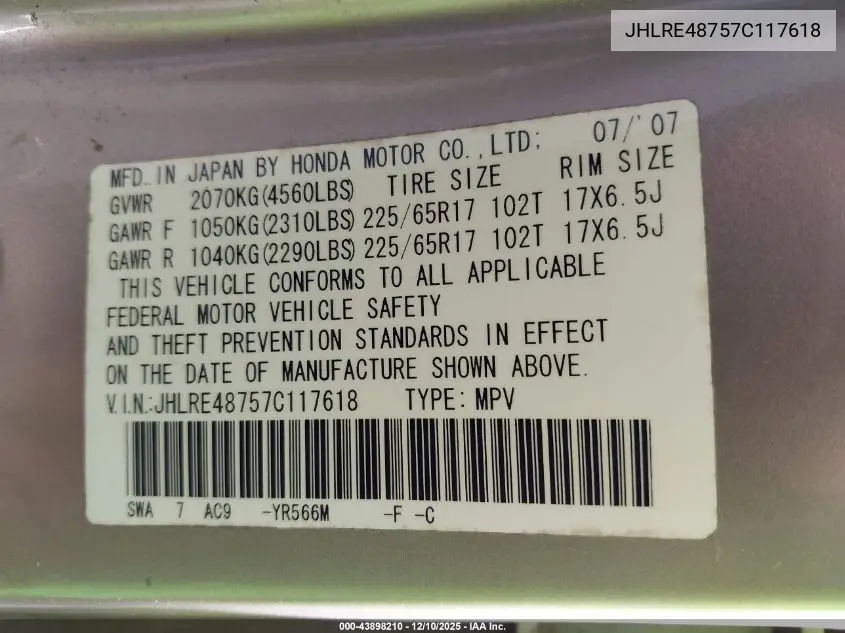 JHLRE48757C117618 2007 Honda Cr-V Ex-L