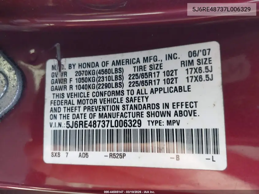 5J6RE48737L006329 2007 Honda Cr-V Ex-L