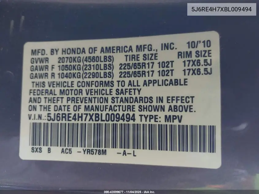 5J6RE4H7XBL009494 2011 Honda Cr-V Ex-L
